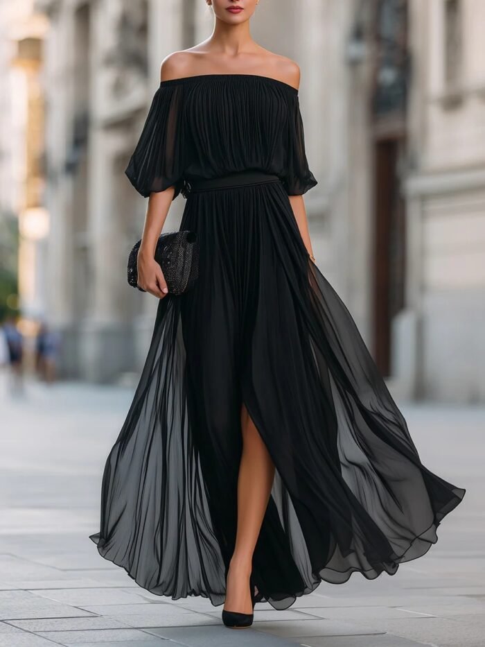 New Black Chiffon Maxi Dress with Split, One-Shoulder Design, Flowing and Draping Skirt - Image 6