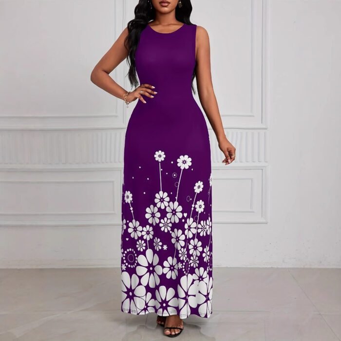 Printed Sleeveless Loose Round Neck Simple Elegant Dress - Image 2