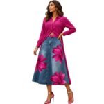 Style Floral Print Washed Denim High Waist Midi Skirt - Image 5