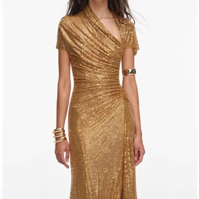 Asymmetrical Shoulder Rhinestone Sleeveless Evening Dress - Image 5