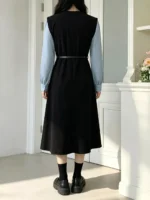 Contrast Sleeve A-Line Dress with Belt - Image 5