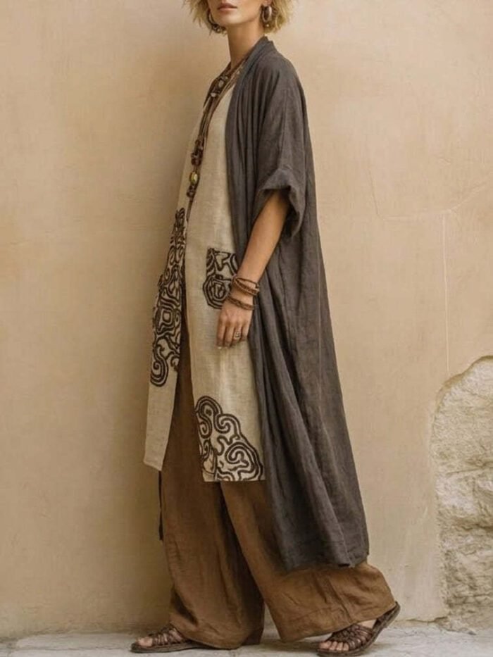 Loose Embroidered Long Robe Two-Piece Set for Women, Casual Wide-Leg Pants Outfit, Fashionable and Trendy - Image 6