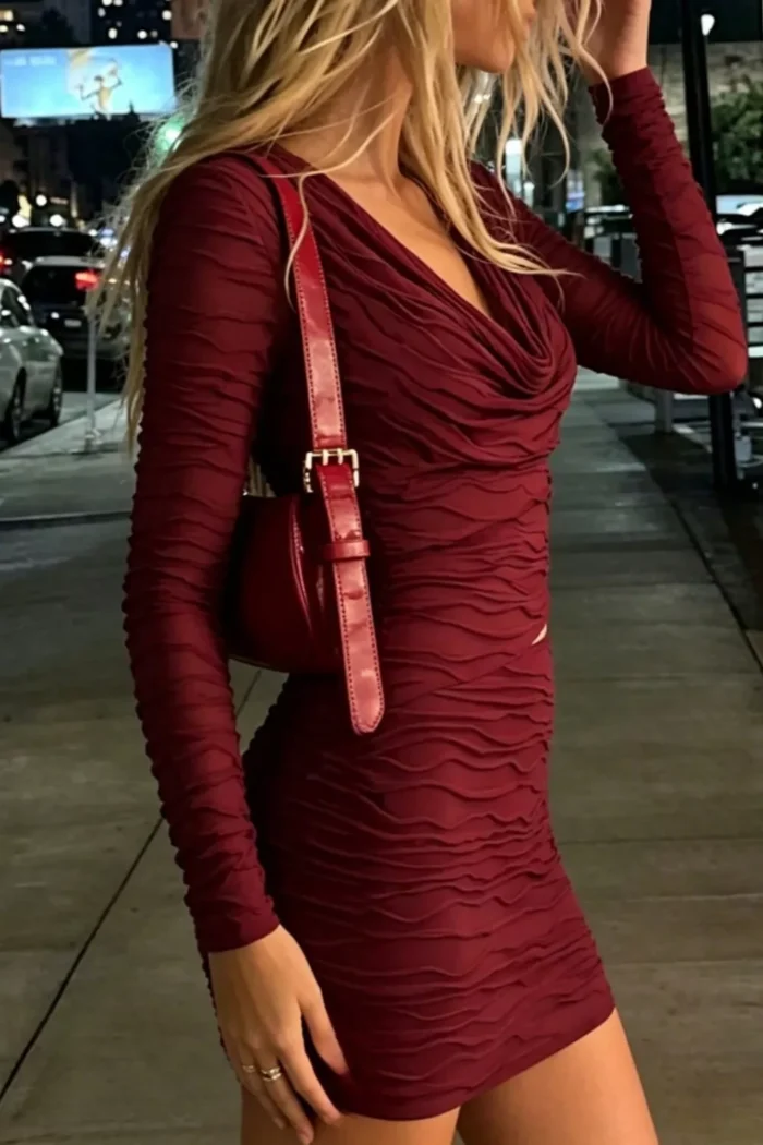 Ruched Cutout Cowl Neck Long Sleeve Mini Dress - Image 3