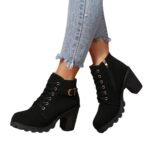 Chunky Heel Women's Leather Boots Low Cuff Round Toe High Heel Lace-Up Style with Heightening and Slimming Effect - Image 5