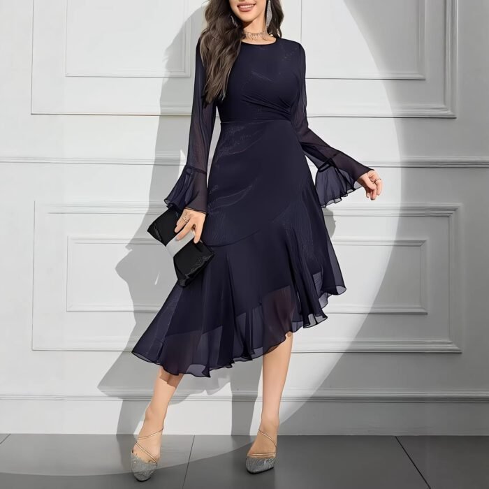 580007155 Elegant Round Neck Dress with Irregular Ruffle Pleats Slim Fit Long Sleeve New Style - Image 1