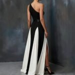 Elegant Single Shoulder Black and White Long Dress, Fashionable Chic Black and White Split Strap Dress - Image 3