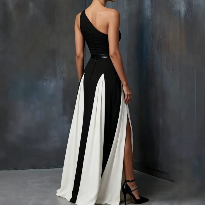 Elegant Single Shoulder Black and White Long Dress, Fashionable Chic Black and White Split Strap Dress - Image 3
