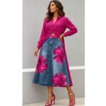 Style Floral Print Washed Denim High Waist Midi Skirt - Image 7