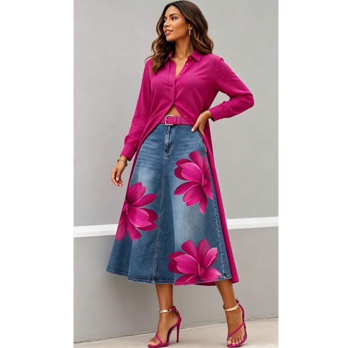 Style Floral Print Washed Denim High Waist Midi Skirt - Image 7