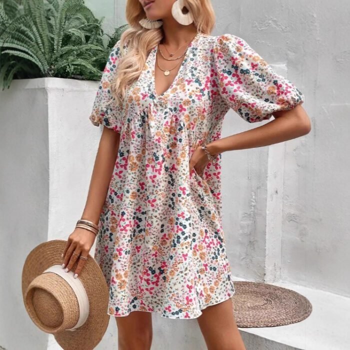 Cute Floral Print V-Neck Puff Sleeve Pleated Casual Loose Dress for Women - Image 3