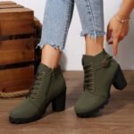 Chunky Heel Women's Leather Boots Low Cuff Round Toe High Heel Lace-Up Style with Heightening and Slimming Effect - Image 9