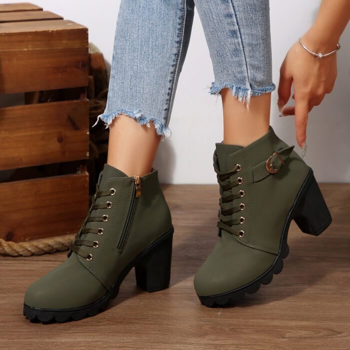 Chunky Heel Women's Leather Boots Low Cuff Round Toe High Heel Lace-Up Style with Heightening and Slimming Effect - Image 9