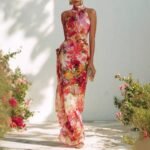 Elegant Floral Strapless Sleeveless Fitted Chiffon Dress - Image 4