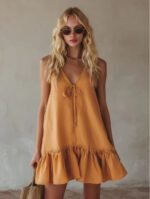 Vintage Vacation Style V-Neck Sleeveless Ruffle Loose Dress - Image 6