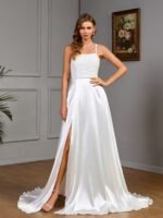 Sleeveless strapless white satin wedding evening dress - Image 6