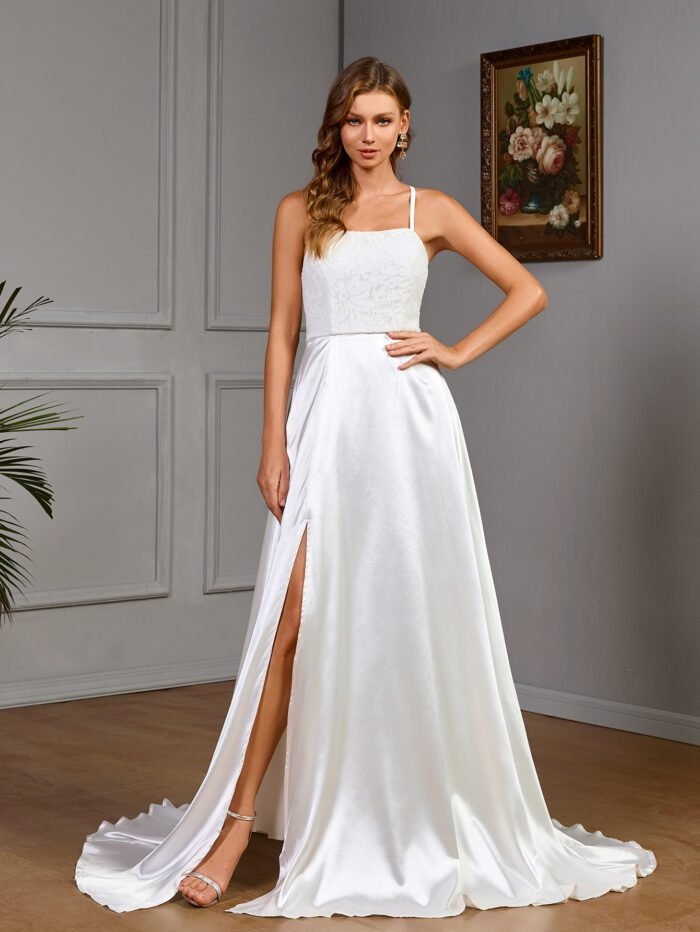 Sleeveless strapless white satin wedding evening dress - Image 6