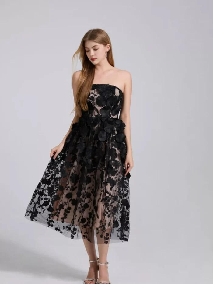 Floral Applique Strapless Midi Dress - Image 5