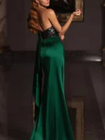 One-Shoulder Sequin Bodice Satin Gown with High Slit - Image 4