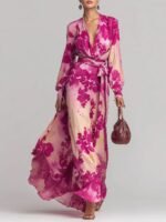 Printed Chiffon Long Sleeve V-Neck Tie-Up Dress Elegant Chic Spring New Long Dress - Image 6