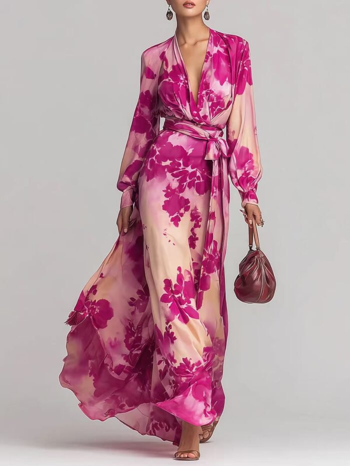 Printed Chiffon Long Sleeve V-Neck Tie-Up Dress Elegant Chic Spring New Long Dress - Image 6
