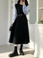 Contrast Sleeve A-Line Dress with Belt - Image 3