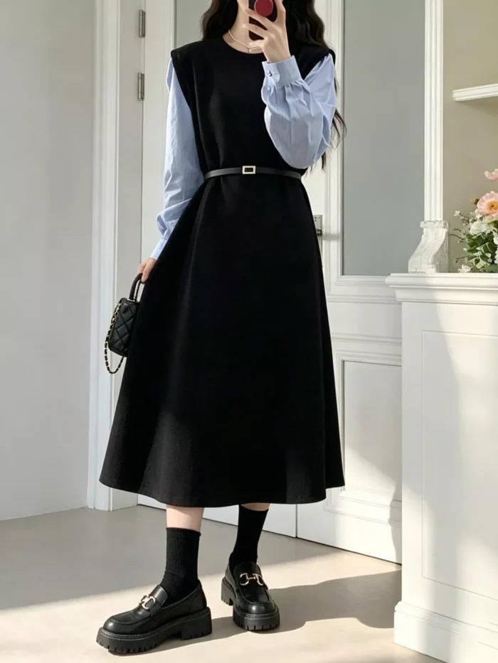 Contrast Sleeve A-Line Dress with Belt - Image 3
