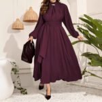 Elegant Long Sleeve Maxi DressFitted Solid Color Pleated Sleeve Dress - Image 2