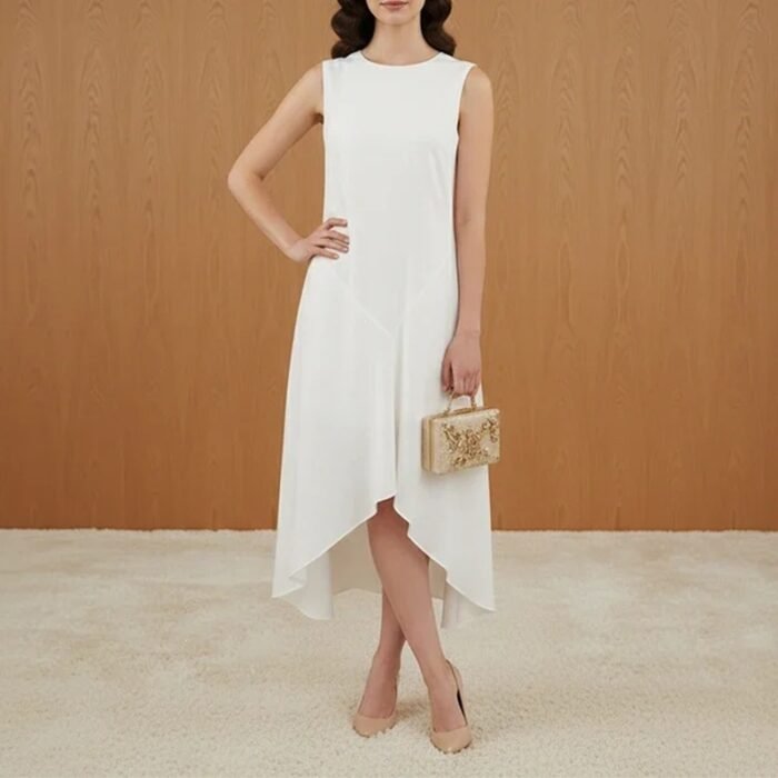 Spring New Women's Dress Dress Lazy Style Solid Color Round Neck Sleeveless Irregular Dress - Image 2