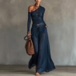 Fashionable Simple Solid Color Asymmetrical Shoulder Long Sleeve Casual Set with Belted Long Dress - Image 6