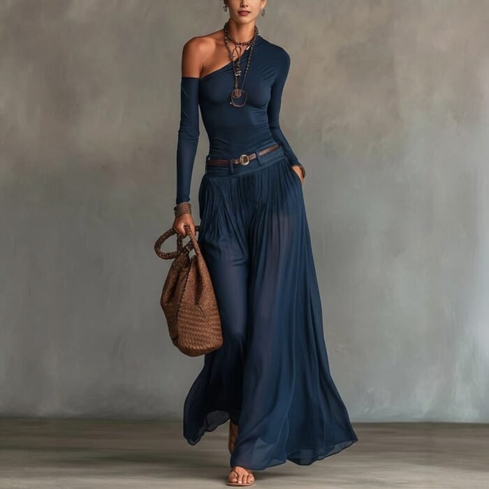 Fashionable Simple Solid Color Asymmetrical Shoulder Long Sleeve Casual Set with Belted Long Dress - Image 6