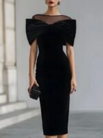 Chic Office Women's One-Shoulder Off-the-Shoulder Velvet Dress with Gold Thread - Image 6