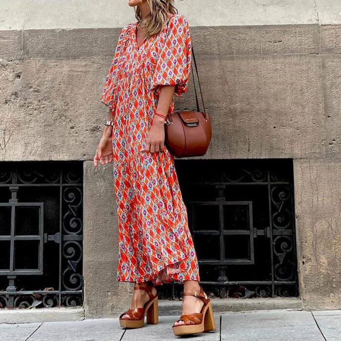 Bohemian Print Long Sleeve Maxi Dress for Women Fashion Spring Style Flowy Long Dress - Image 6