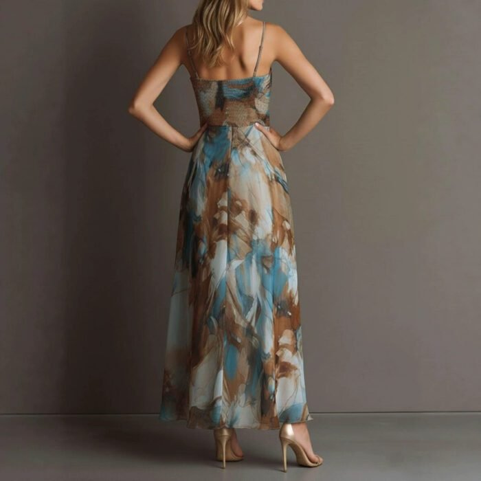 Fashionable Elegant Printed Dress with Sexy Straps, Waist-Cinching Flowy Beach Long Dress - Image 4