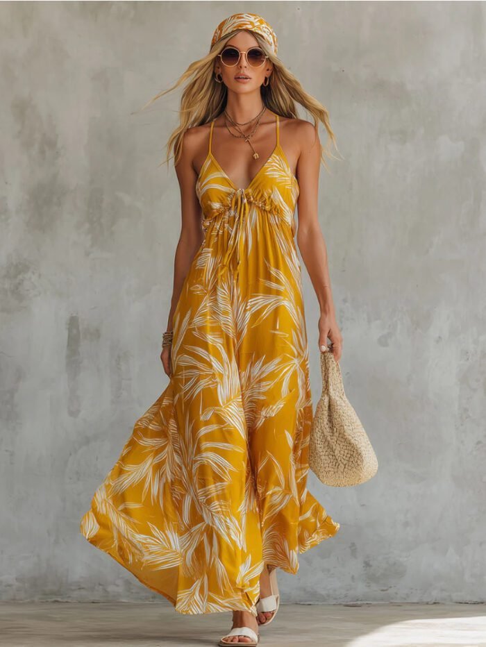 Summer New Vacation Style Printed V-Neck Strap Long Dress for Women Beach Dress - Image 6