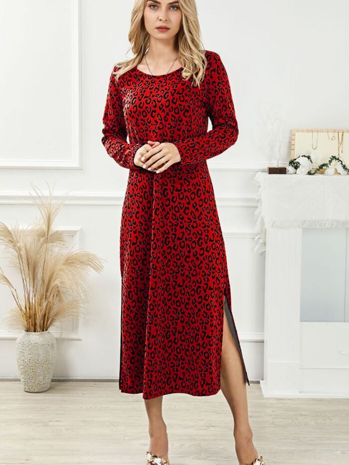 Fashion Women's Vintage Leopard Print Dress Round Neck Long Sleeve Casual Midi Dress - Image 6