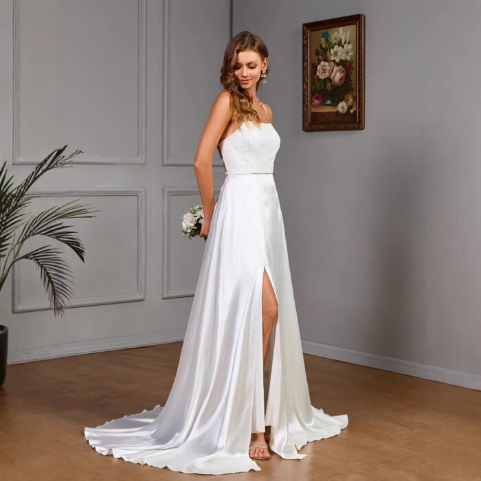 Sleeveless strapless white satin wedding evening dress - Image 4