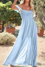 Off Shoulder Ruched Bust Sheer Slit Maxi Dress - Image 3