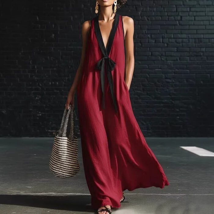 V-neck Strapless Sleeveless Resort-Style Long Simple Elegant Dress - Image 3