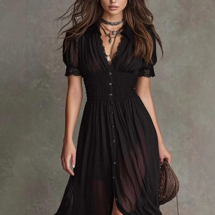 Cropped V-Neck Shirt Dress with Ruffled Hem and Side Slit, Dark Chic Style, Body-Con Fit, Long Skirt - Image 4