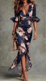 Elegant Long Dress with V-Neck, Fitted Silhouette, Floral Print and Ruffle Hem - Image 7