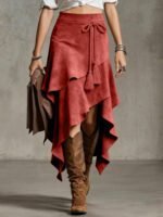 Retro Western Style Irregular Design Suede Skirt Solid Color Midi Skirt - Image 10