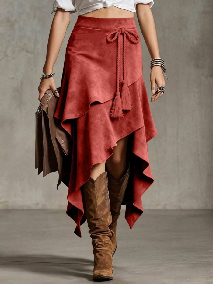 Retro Western Style Irregular Design Suede Skirt Solid Color Midi Skirt - Image 10
