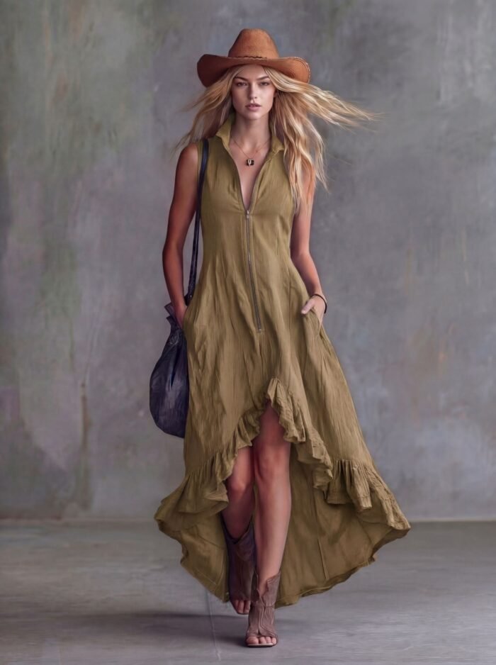 Vintage Casual Turn-Down Collar Front Zipper Ruffle Hem Dress for Women - Image 11
