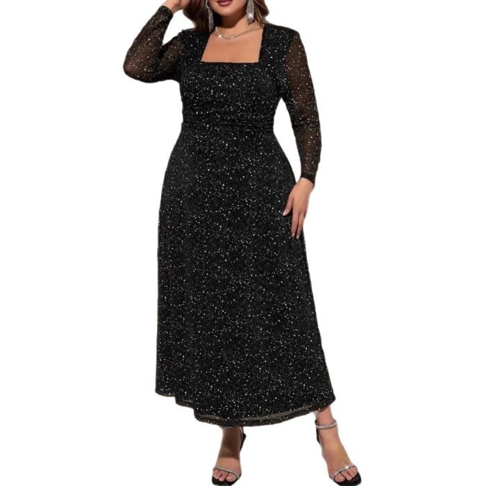 Vintage Square Neck Sequin Dress for Women Elegant Fitted Long Dress with Waist Definition - Image 5