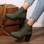 Chunky Heel Women's Leather Boots Low Cuff Round Toe High Heel Lace-Up Style with Heightening and Slimming Effect - Image 4