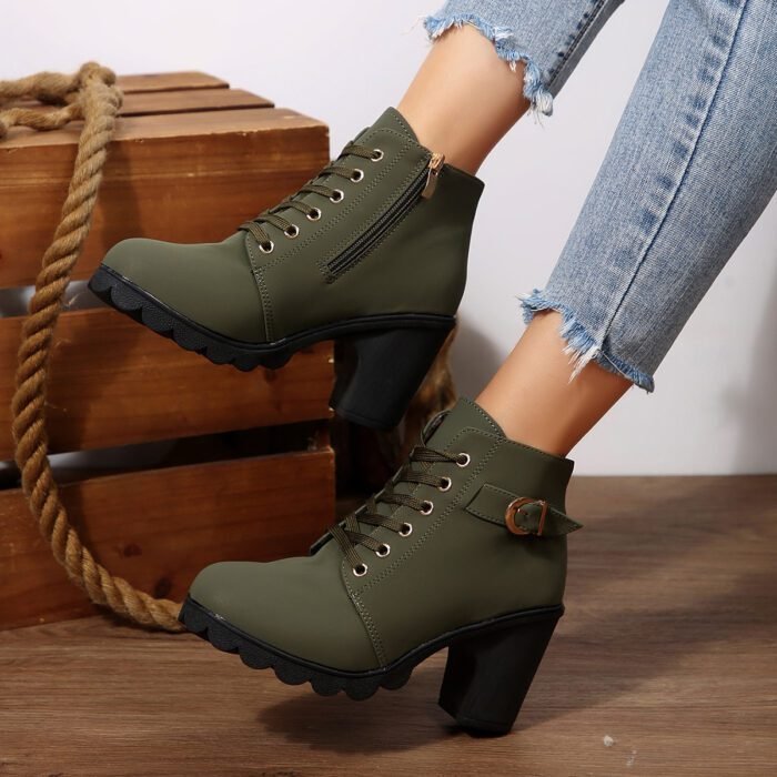 Chunky Heel Women's Leather Boots Low Cuff Round Toe High Heel Lace-Up Style with Heightening and Slimming Effect - Image 4
