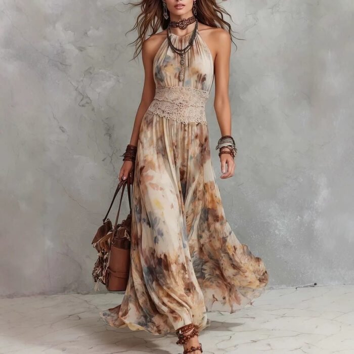 580006134 French Vintage Painted Floral Backless Strapless Summer Beach Vacation Long Dress - Image 1