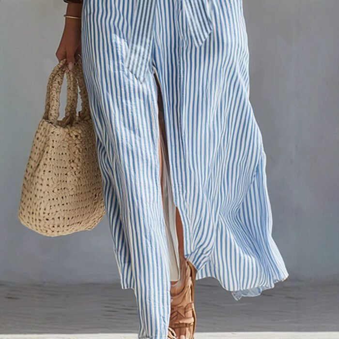 Fresh Blue and White Striped Sleeveless Long Dress with V-Neck, Waist-Tie, Side Split, Beach Dress - Image 3