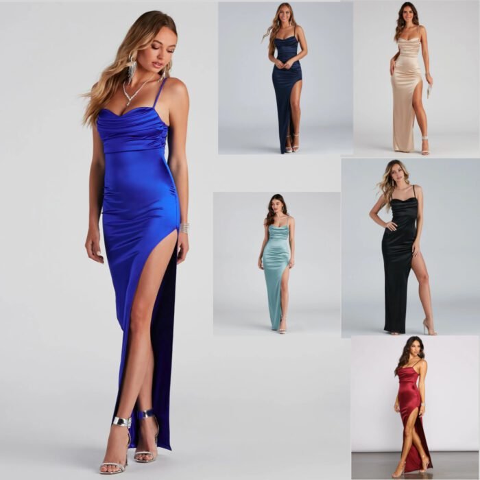 Pleated Slit Evening Dress Fitted Dress - Image 2