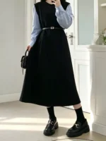 Contrast Sleeve A-Line Dress with Belt - Image 4